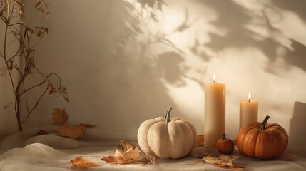 lit candles setting sun harvest pumpkin gourd and autumn leaves minimalist seasonal background white wall with sunlight shadows space for copy text holiday thanksgiving marketing branding