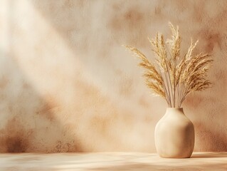 Canvas Print - Soft Neutral Toned Gradient Background with Dried Wheat in Ceramic Vase for Wellness Product Mockups or Decor