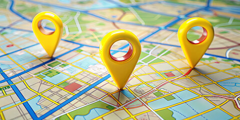 Bright yellow map pins are placed on a detailed urban map, highlighting specific locations and potential routes for navigation in a bustling city setting