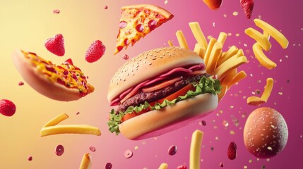 Bright, stylized fast food icons of burgers, pizza, and fries float on a vibrant background, evoking joy and hunger for tasty meals. Generative AI