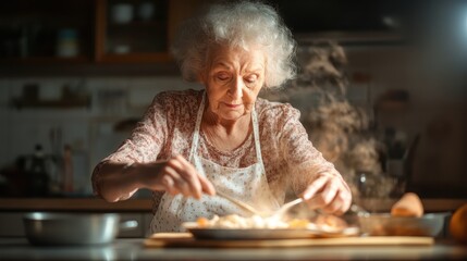 An elderly woman in a cozy kitchen carefully prepares a dish, showcasing timeless culinary skills and the nurturing warmth of homemade meals seasoned with love.