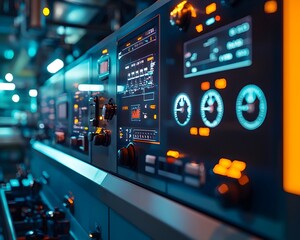 Poster - detailed control room with precision monitoring screens and gauges at oil refinery facility