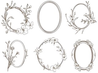 Poster - Delicate Oval Floral Line Frames Ideal for Romantic Vintage Themed Projects on White Background