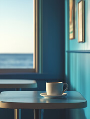 A cup of American coffee in a seaside blue-themed cafe