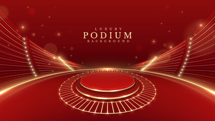 Wall Mural - golden empty podium on red background decorated with glittering lights and bokeh, stage design conce