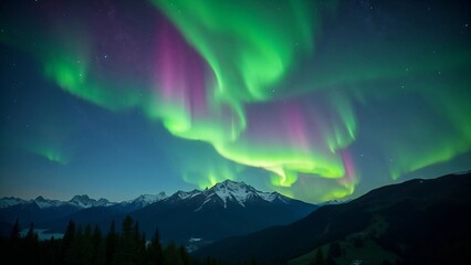 Breathtaking aurora borealis dancing over snow-capped mountains in starlit night