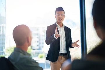 Poster - Meeting, presentation and man in office with ideas, collaboration and planning growth proposal. Discussion, development and business people in conference room with advice, strategy and sales pitch