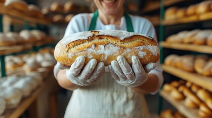 A cheerful baker with an apron and gloves proudly presents a freshly baked crusty baguette, surrounded by rows of bread in a lively bakery environment.