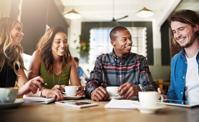 Poster - Cafe, friends and teamwork with conversation for notes, feedback and planning for english assignment. Campus, students and laughing with education for studying, academic essay and tablet for research
