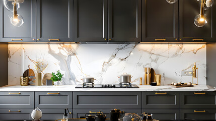 Wall Mural - A contemporary, chic kitchen featuring stylish black and white cabinets, golden fixtures, and marble tiles