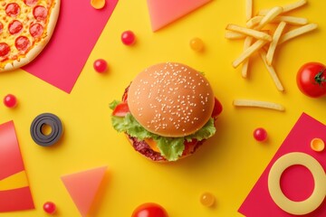 Aufkleber - Colorful abstractions of fast food items such as burgers, pizza, and fries create a vibrant and playful visual setting. Generative AI