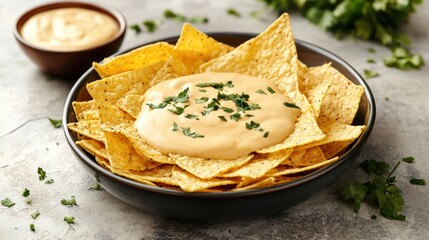 Poster - A bowl of crunchy corn chips is generously covered with velvety cheese sauce and garnished with fresh cilantro, ideal for sharing. Generative AI
