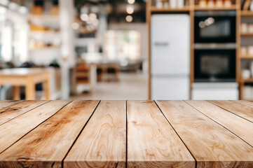Poster - Empty wooden tabletop providing space for product placement in a blurred kitchen setting