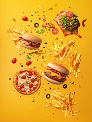 Poster - A vibrant display of abstract fast food like burgers, pizza, and fries pops against a bright yellow background. Generative AI