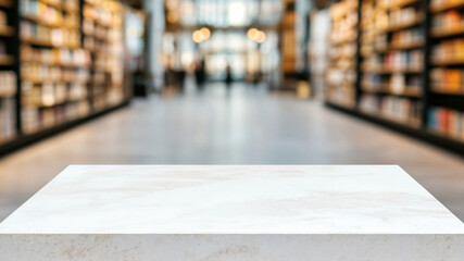 Poster - Empty white marble table top with blurred bookshelves background at book store
