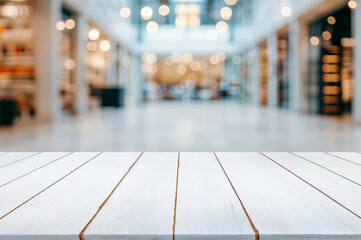 Aufkleber - Empty white wooden table with blurred shopping mall background