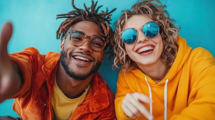 Two friends strike a cheerful pose with sunglasses against a blue wall, showcasing their casual fashion and joyful spirits during a sunny day while smiling widely.