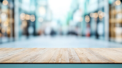 Poster - Empty wooden table top with blurred shopping mall background