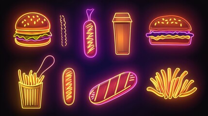 Poster - Vibrant neon illustrations depict various fast-food items like burgers, hot dogs, fries, and drinks, glowing against a dark backdrop. Generative AI