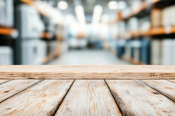 Poster - Empty wooden table top with blurred electronic store background