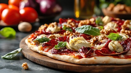 A delicious gourmet pizza topped with artichokes, walnuts, peppers, and fresh basil on a wooden board, showcasing a blend of textures and vibrant colors.