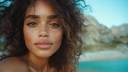 A close-up portrait of a woman with curly hair, freckled skin and a serene expression, set against the backdrop of a sunny beach landscape under a clear blue sky.