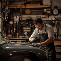 Mechanic repairing a vintage car inside a garage