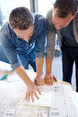 Poster - Architect, teamwork or tablet with blueprint design for industrial architecture or building development. Engineer, men or digital floor plan for project layout, construction review or home renovation
