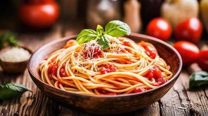 Fresh Spaghetti with Tomato Sauce and Basil Garnish