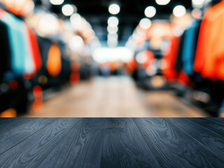 Aufkleber - Empty wooden table with clothing store background