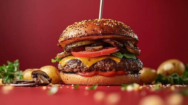 juicy burger potatoes and mushrooms on a red background eating with a fork. Front view burger on elegant table