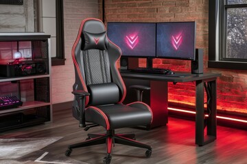 A high-tech gaming room with RGB lighting, dual monitors, and a sleek gaming chair, surrounded by futuristic decor and glowing LED strips