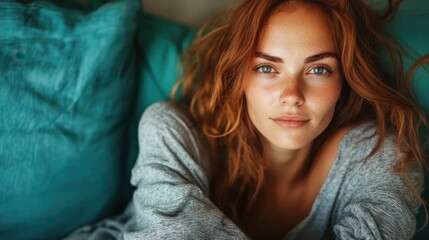 a woman with red hair and a relaxed expression poses against a teal background, showcasing simplicit