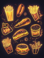 Poster - Bright neon outlines depict popular fast-food items like burgers, hot dogs, and fries on a dark backdrop, adding a playful touch. Generative AI