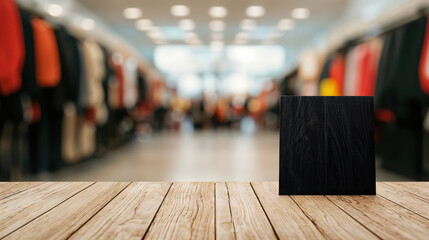 Poster - Empty black sign standing on a wooden table in a clothing store