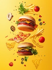 Colorful abstractions of burgers, pizza, and fries create a dynamic composition against a vibrant yellow backdrop, celebrating fast food. Generative AI