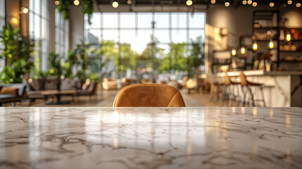 Poster - Empty marble tabletop with blurred restaurant background