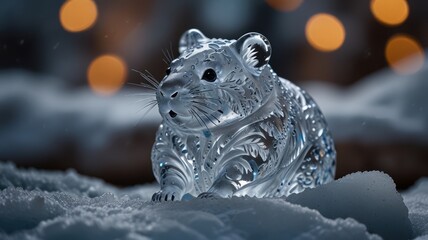 Wall Mural - A crystal figurine of a rodent sits in the snow, with a blurred background of warm lights.