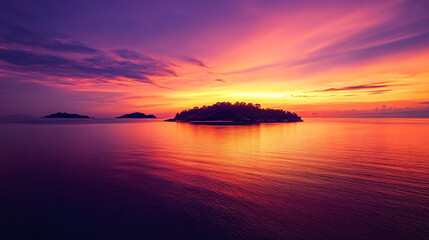Wall Mural - A sunset view over a calm river, with silhouettes of trees against the colorful sky.