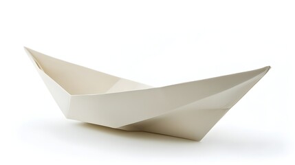 Poster - Perfectly Folded Paper Boat Sitting Upright on White Background Representing Simplicity and Childhood Memories