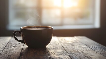 Poster - Steaming Cup of Black Coffee on Rustic Wooden Table with Warm Morning Light