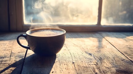 Sticker - Cozy Morning Ritual   Steaming Cup of Black Coffee on Rustic Wooden Table with Warm Natural Lighting