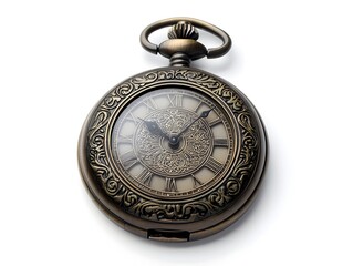 A Timeless Elegant Pocket Watch with Intricate Engravings Frozen at Midnight on Isolated White Background