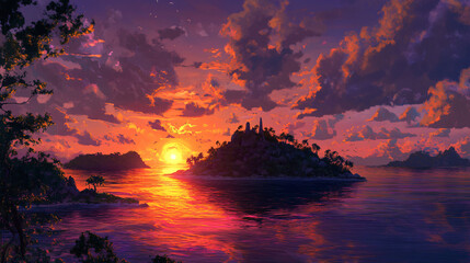 Wall Mural - A sunset view over a calm river, with silhouettes of trees against the colorful sky.