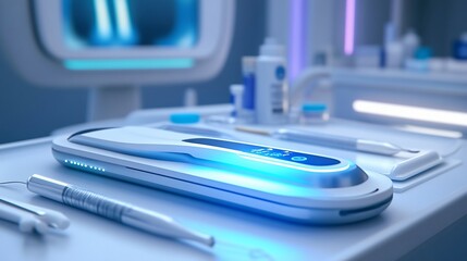 Aufkleber - A futuristic medical device with a blue light on a sterile table.