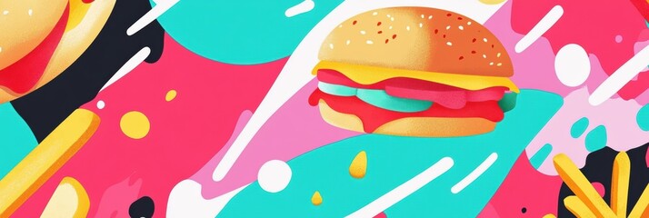 Aufkleber - Bright and playful abstractions of burgers, pizza, and fries create a vibrant fast food theme in a colorful artistic background. Generative AI