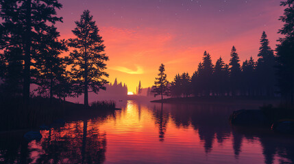 Wall Mural - A sunset view over a calm river, with silhouettes of trees against the colorful sky.