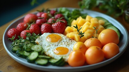 Poster - Beautiful balanced breakfast featuring fruits and vegetables organized neatly on a plate with no people