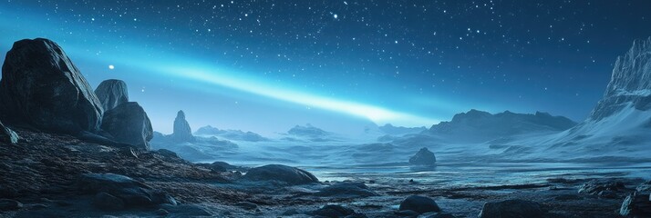 Aurora Sky over Rocky Landscape. Beautiful Blue Scenery with Copy Space