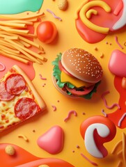 Poster - Brightly colored abstract representations of fast food icons like burgers, pizza, and fries create a playful dining experience. Generative AI
